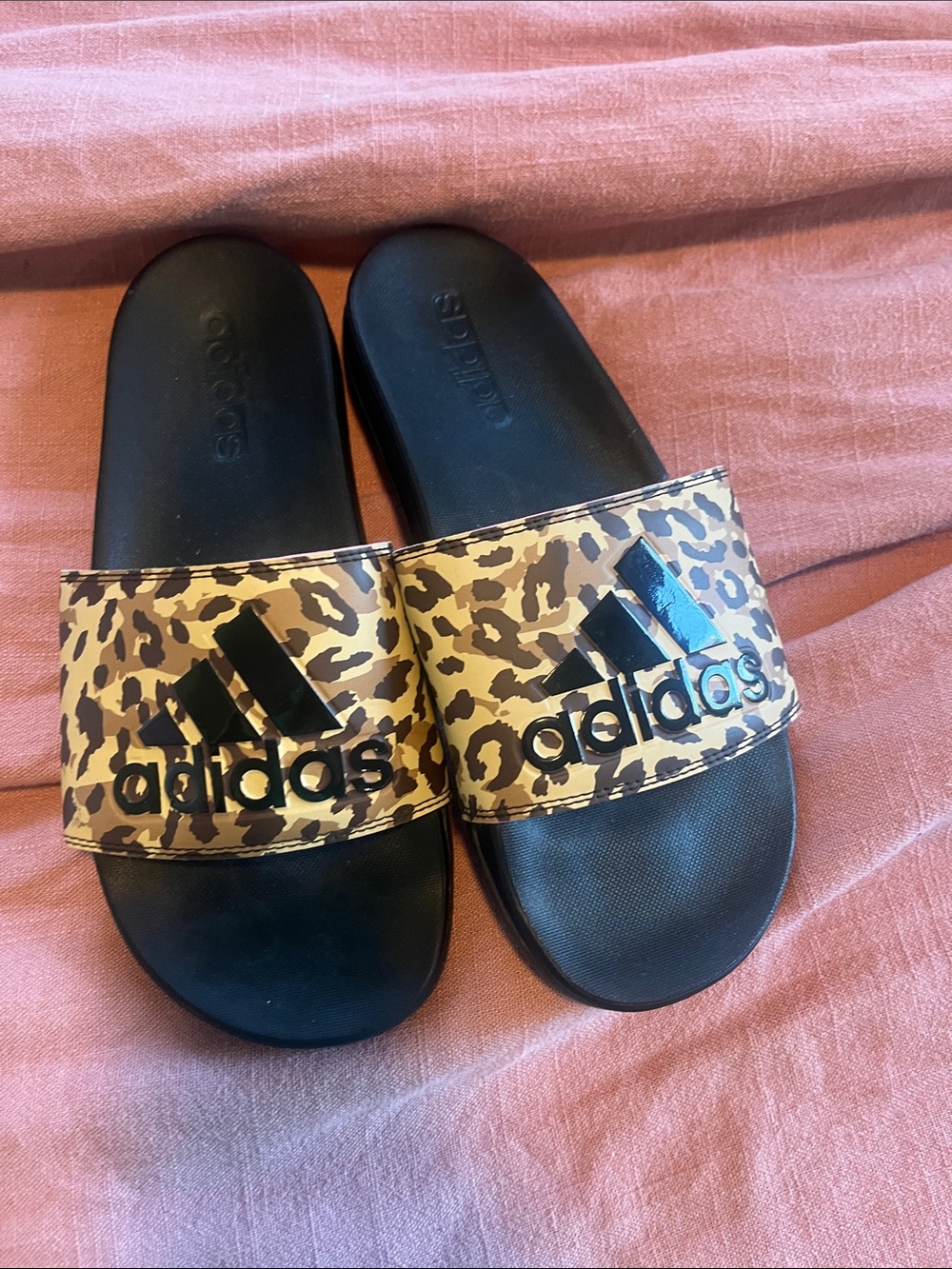 adidas women’s Leopard Print Slide Sandals - Black & Tan